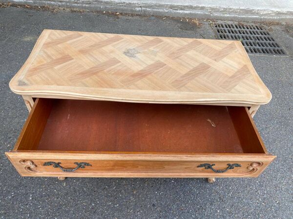 Commode Bibus Louis XV rénovée en bois massif brut et marqueterie