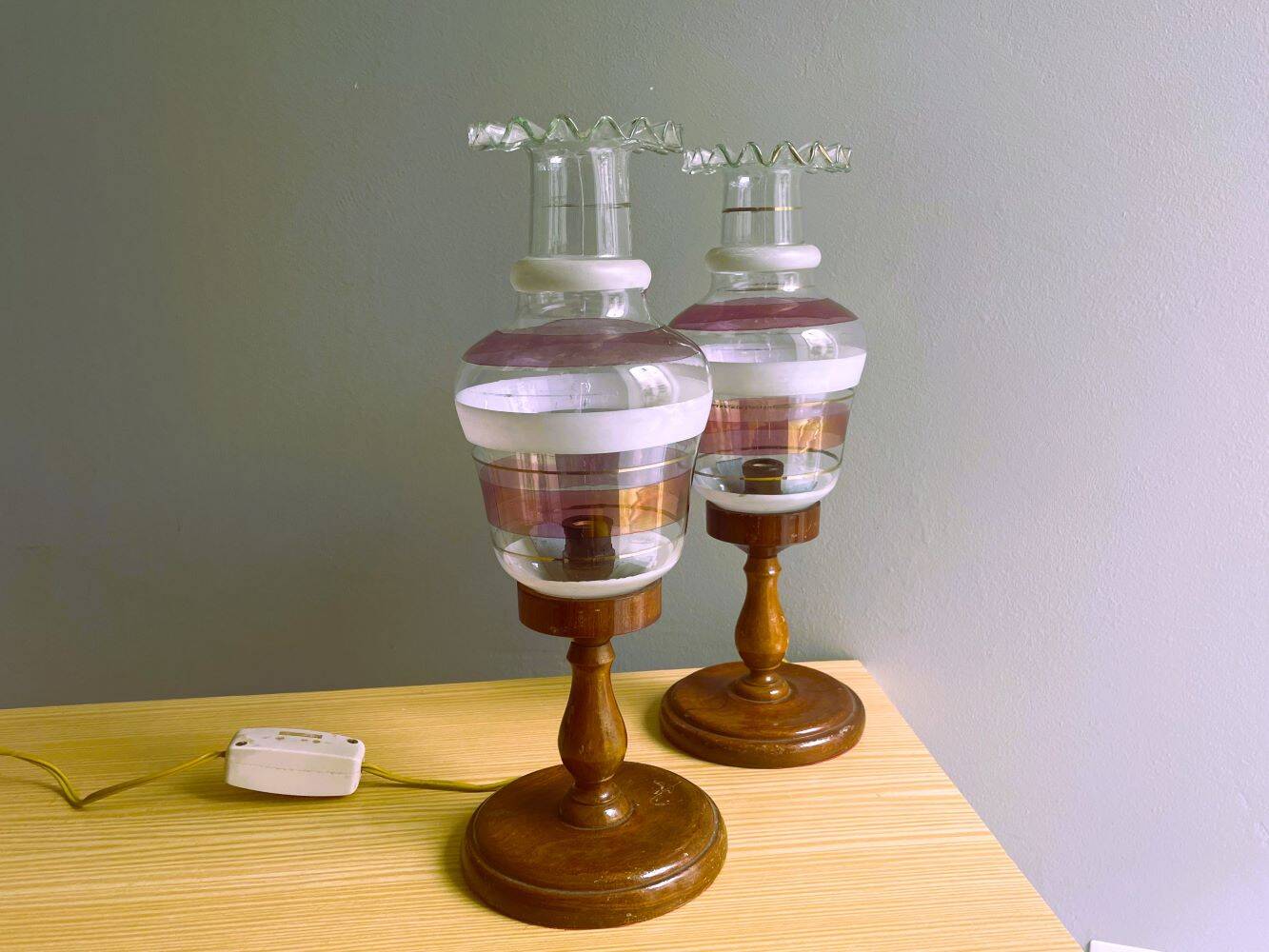 Portuguese Farmhouse rustic wooden table lamps with torch glass shades, 1970s, Set of 2