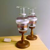 Lampes de table rustiques en bois de ferme portugaise avec abat-jour en verre torche, 1970s, Set de 2