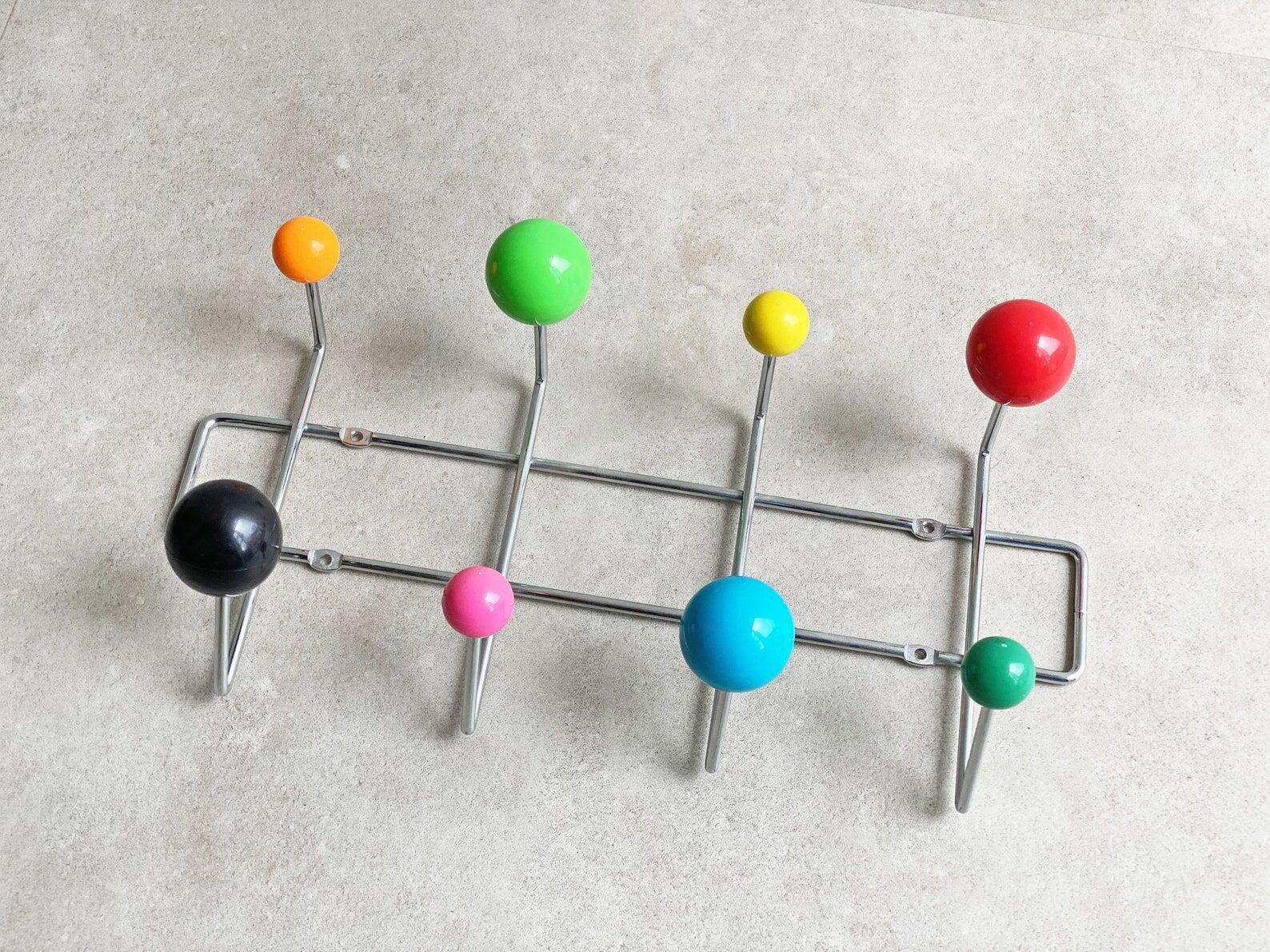 Colourful vintage wall mounted sputnik coat rack, Space Age atomic design