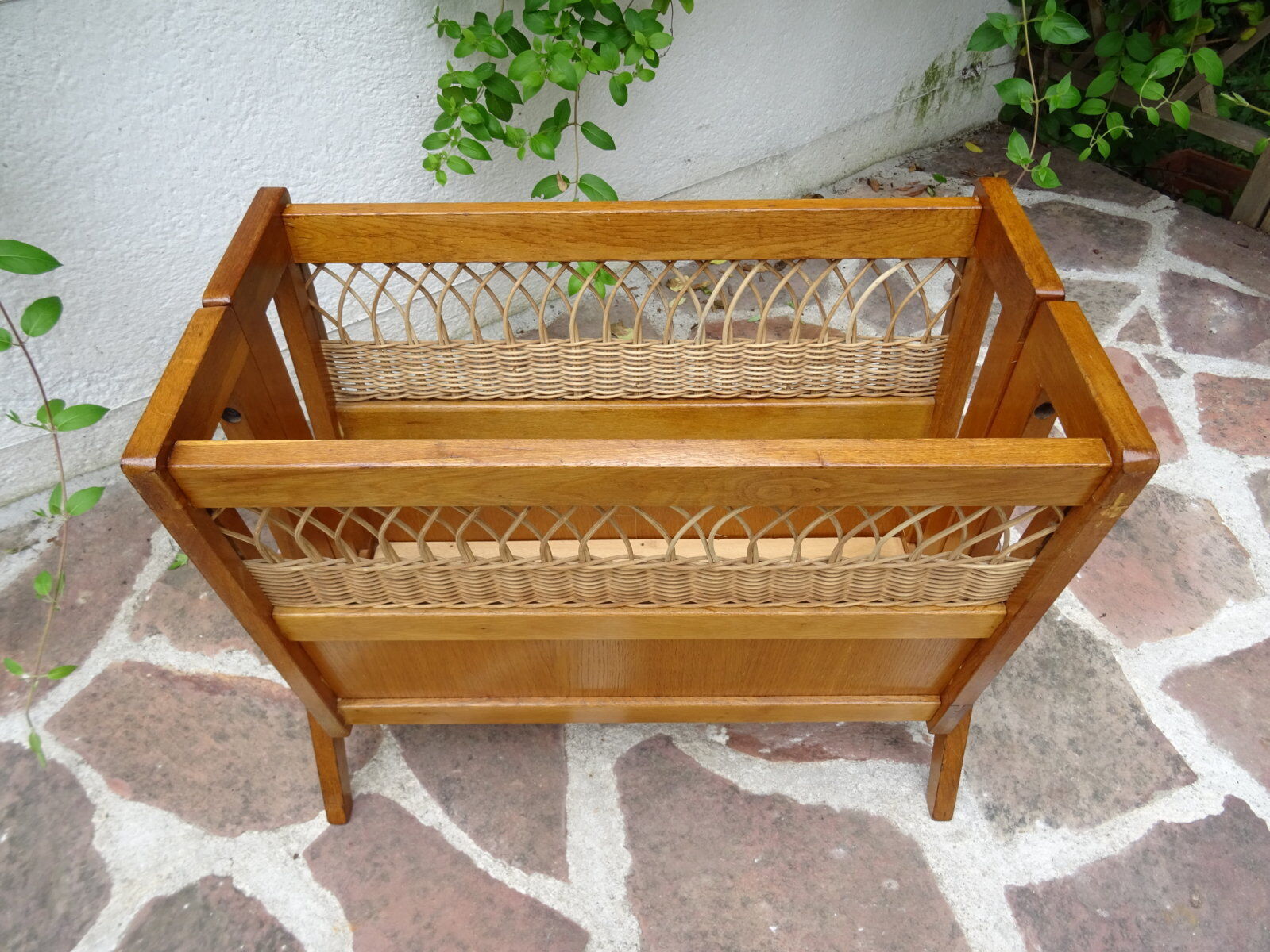 Oak and rattan magazine rack