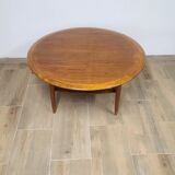 Table basse vintage ronde en teck et rotin