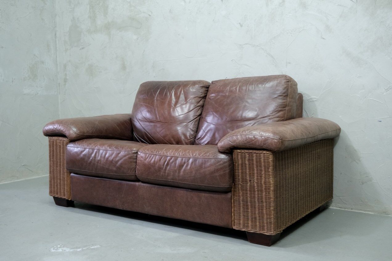 Italian Rattan and Leather Sofa, 1970s