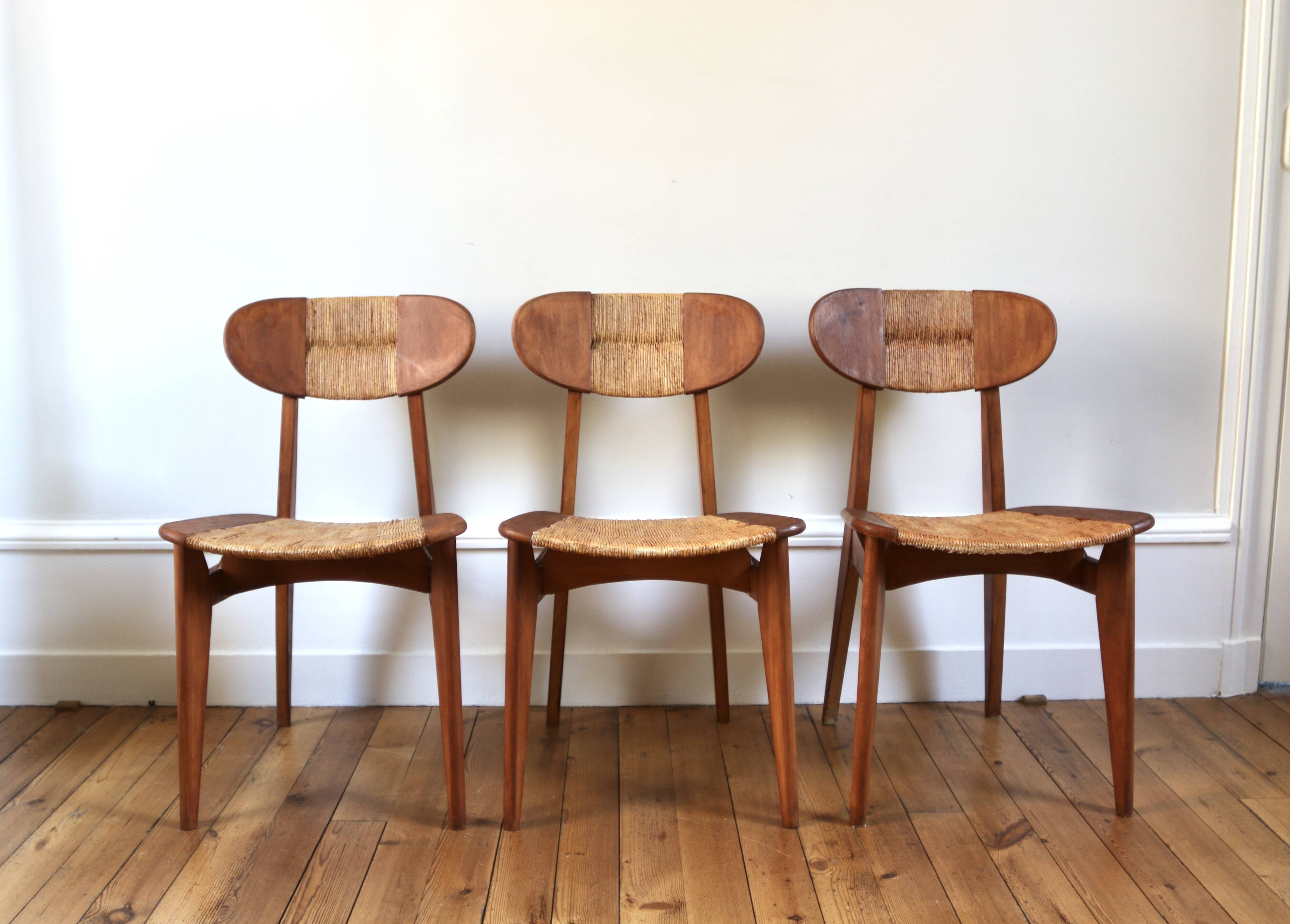 Set of 3 vintage Roger Landault "Ellipse" Sentou chairs 1957