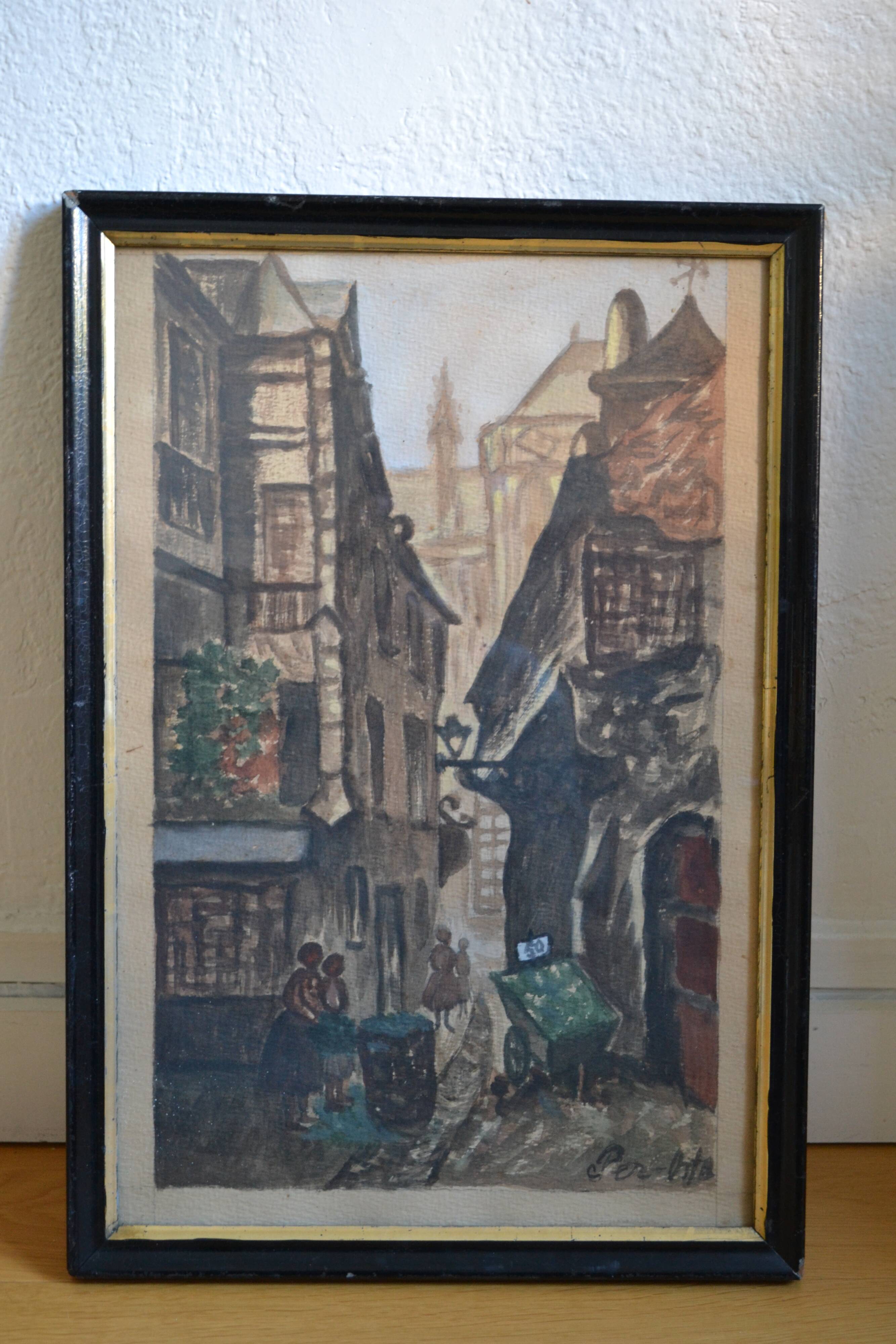 Ancient gouache painting rue brise miche le marais paris