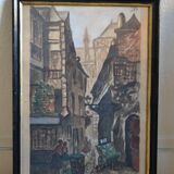 Peinture ancienne gouache rue brise miche le marais paris