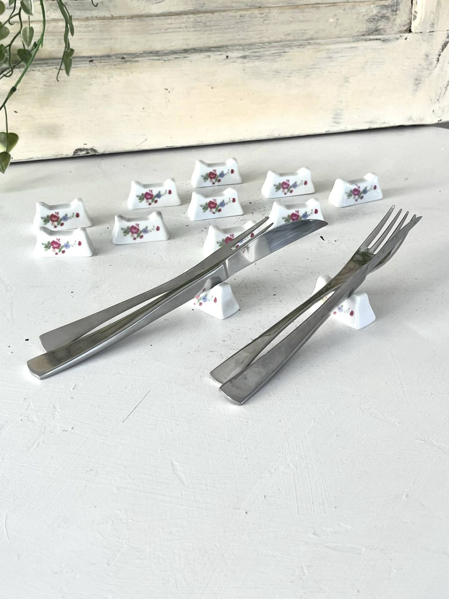 French Porcelain Knife Rests Set of 12 Floral Table Knife Holders