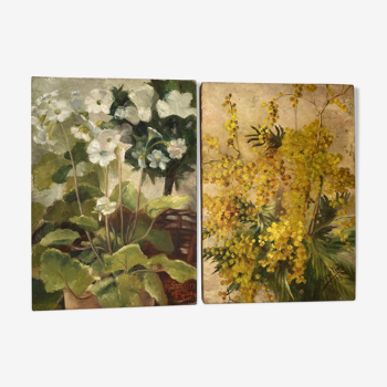 Duo d’huiles sur toile fleurs 1900