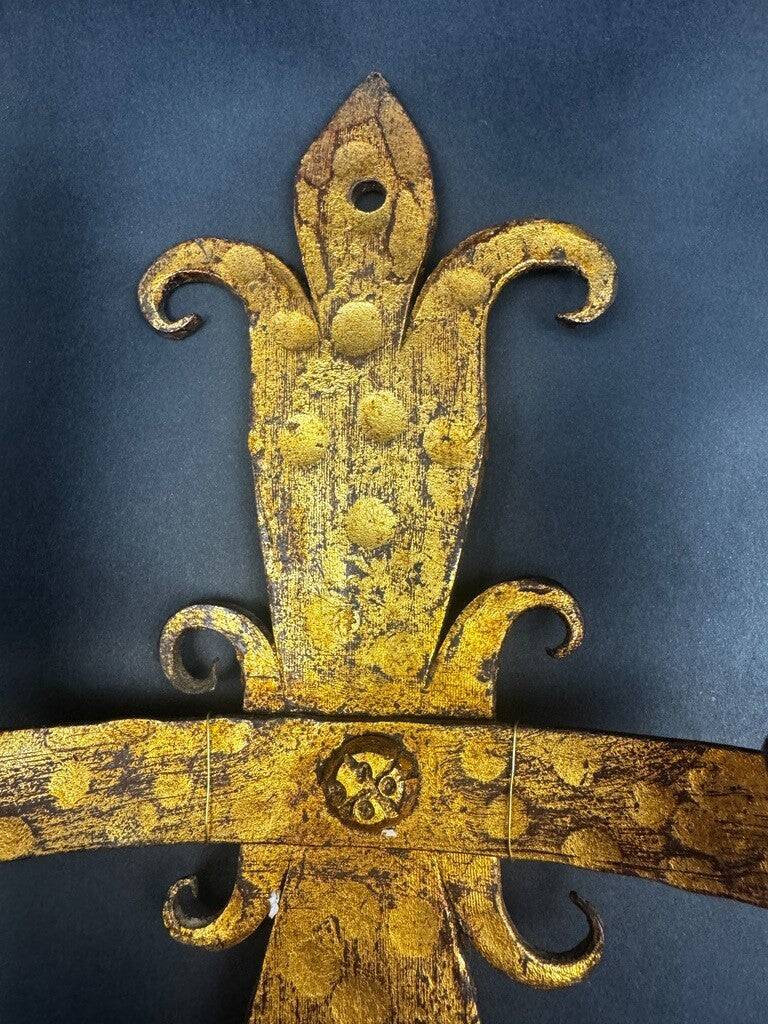 Pair of electrified golden wrought iron gothic wall sconces.