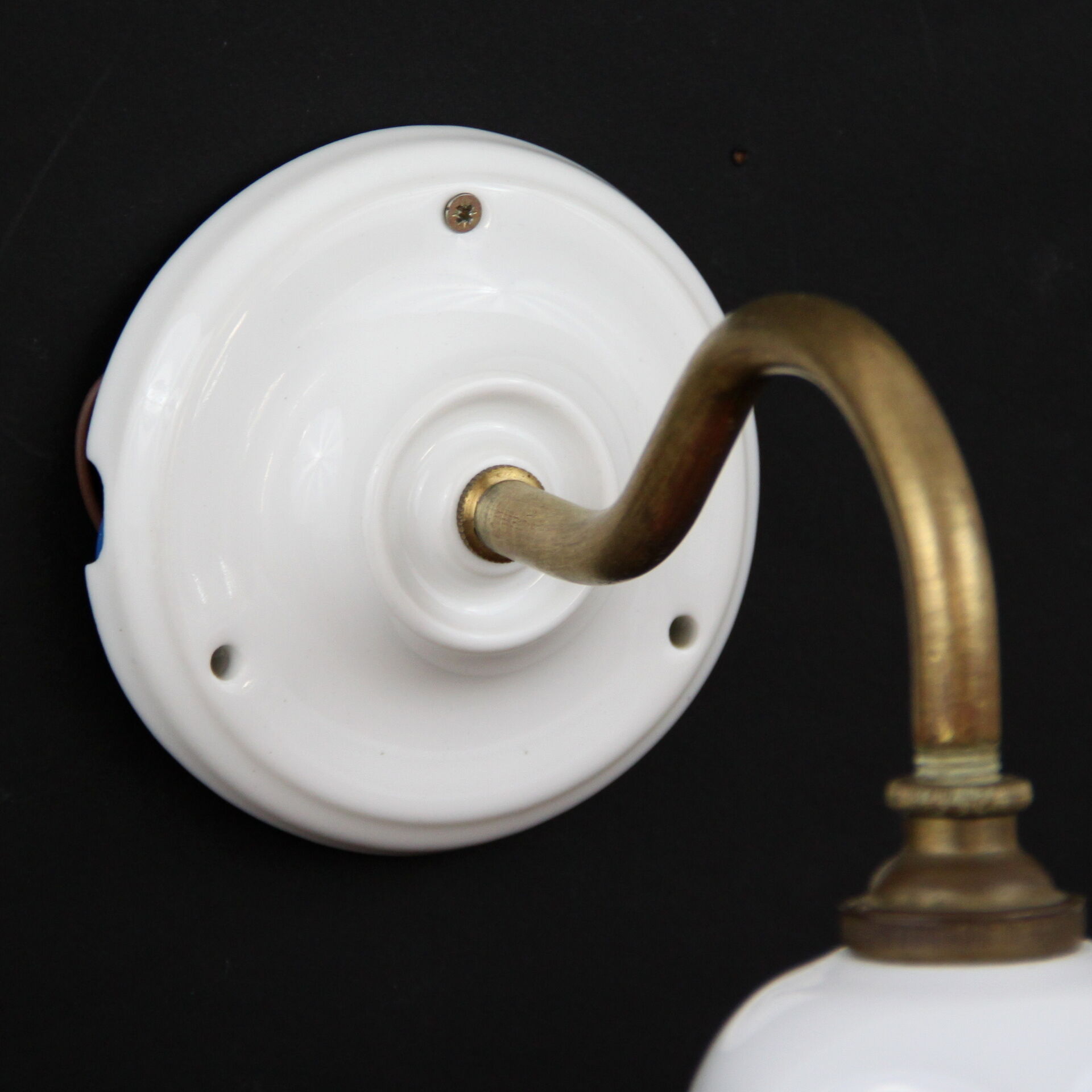 Brass, porcelain, opaline glass tulip swan neck wall lamp