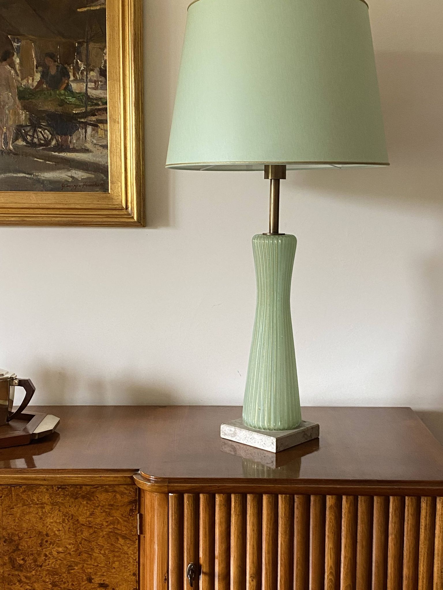 Mid-century modern green Murano glass Table lamp, Barovier & Toso style  Italy, 1940s
