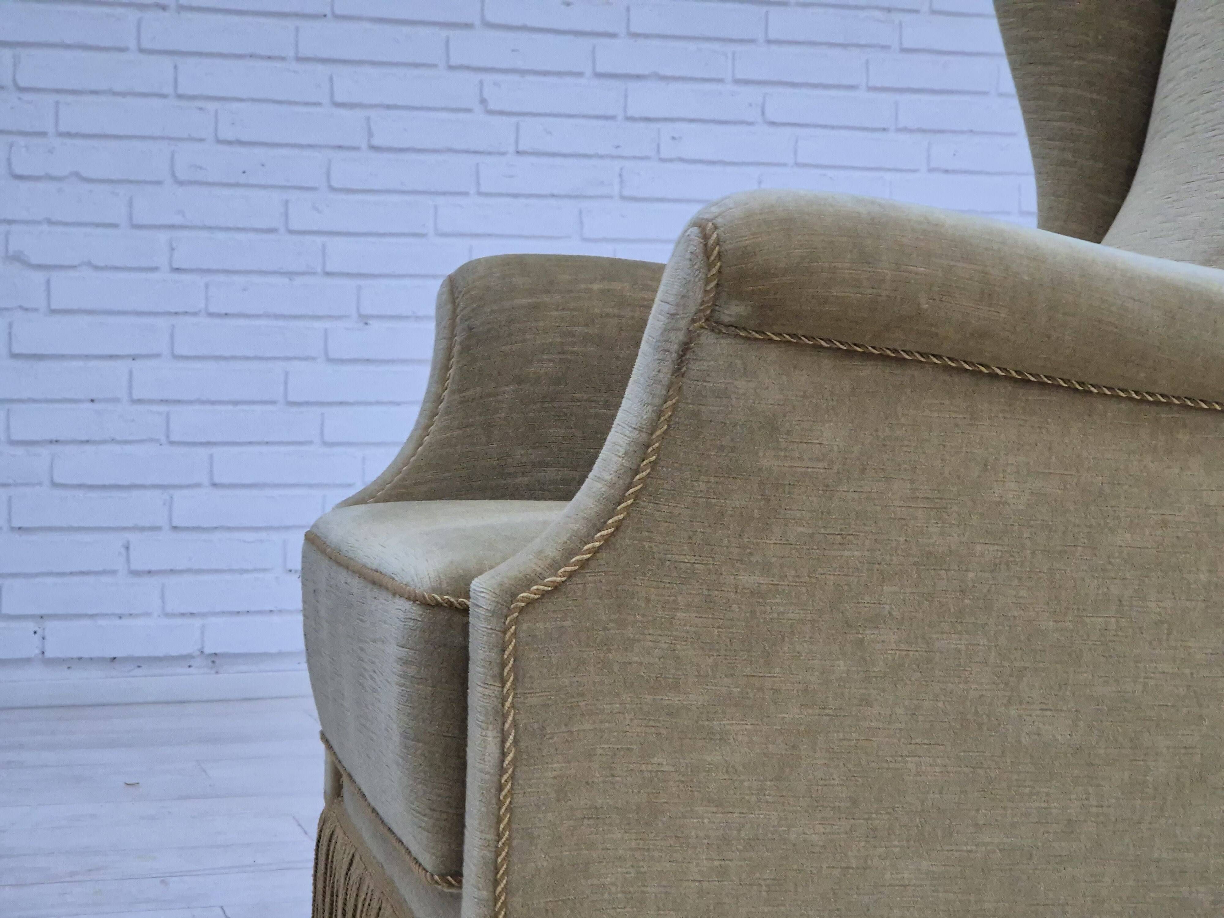 1970s, Danish design, wingback armchair, original condition, furniture velour, beech wood legs.