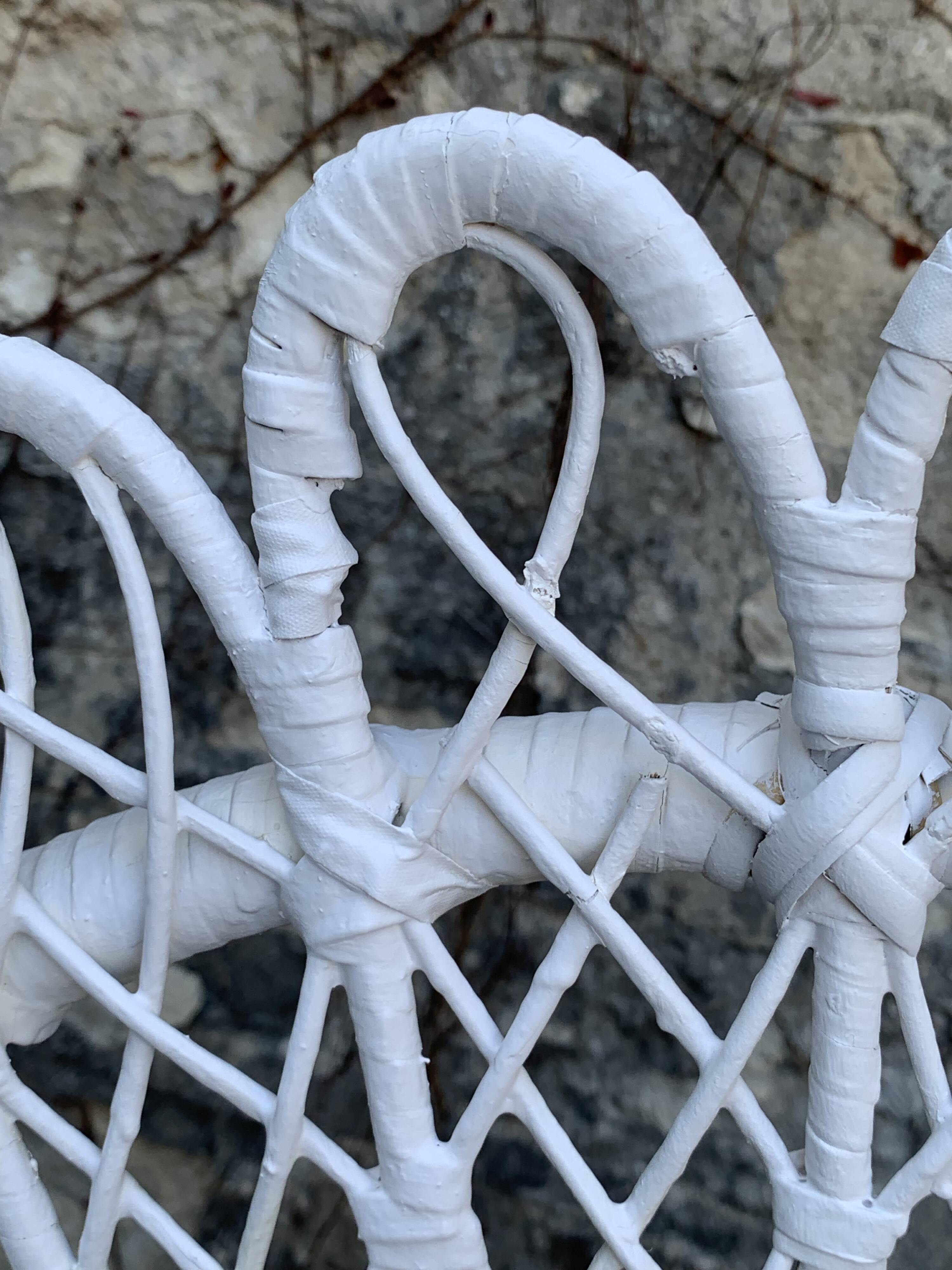 Peacock armchair and chair in white rattan, 1970