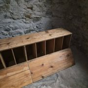 Old French industrial workshop furniture in pine / storage bench, circa 1880–1900