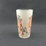Glass illustrated by Cabu on the theme of the circus, camel ride, pink