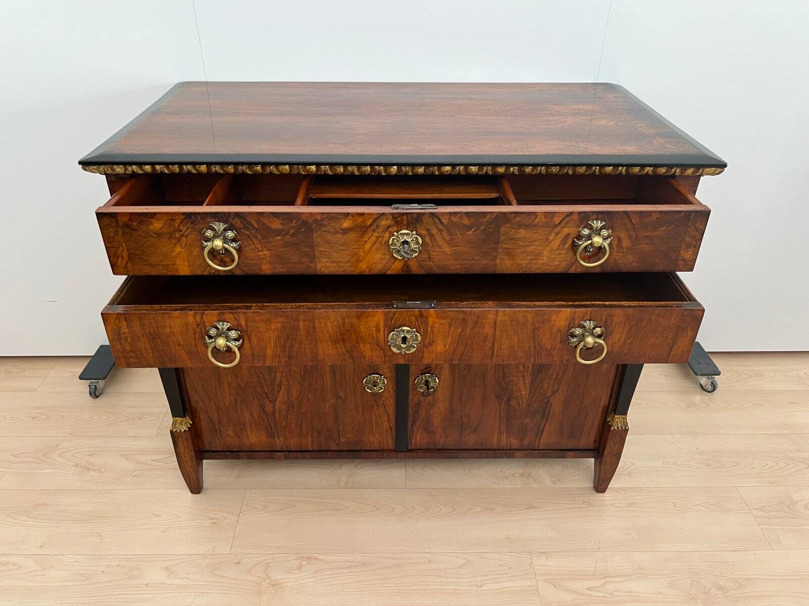 Biedermeier Chest in Walnut Veneer, Cherry, Gold Leaf & Brass, Austria, 1815