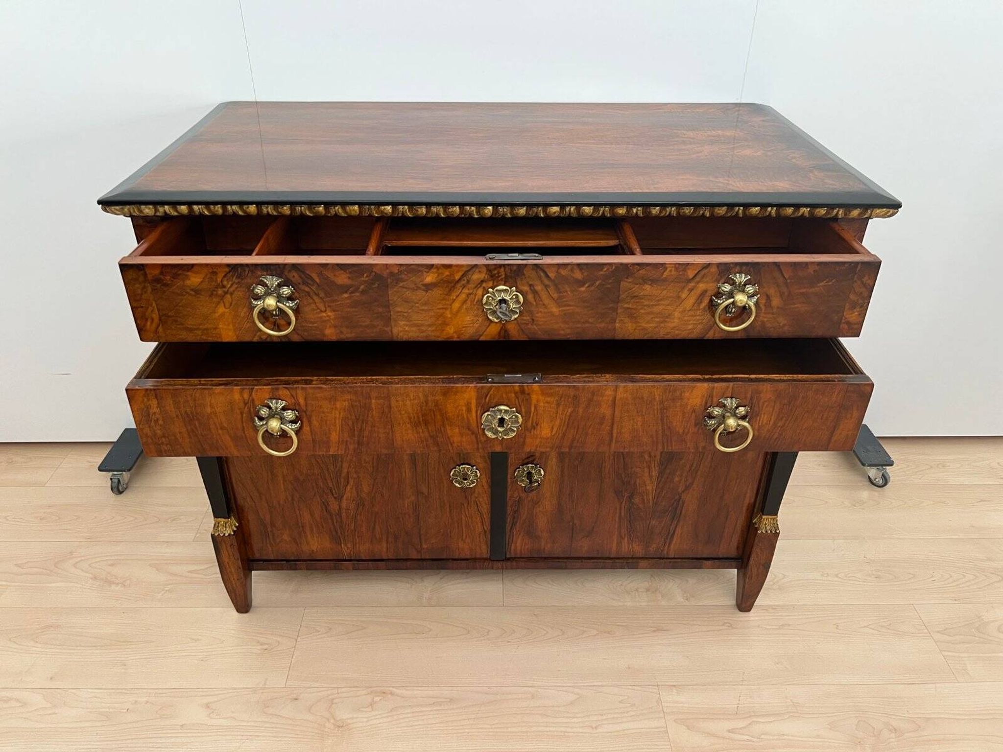 Biedermeier Chest in Walnut Veneer, Cherry, Gold Leaf & Brass, Austria, 1815