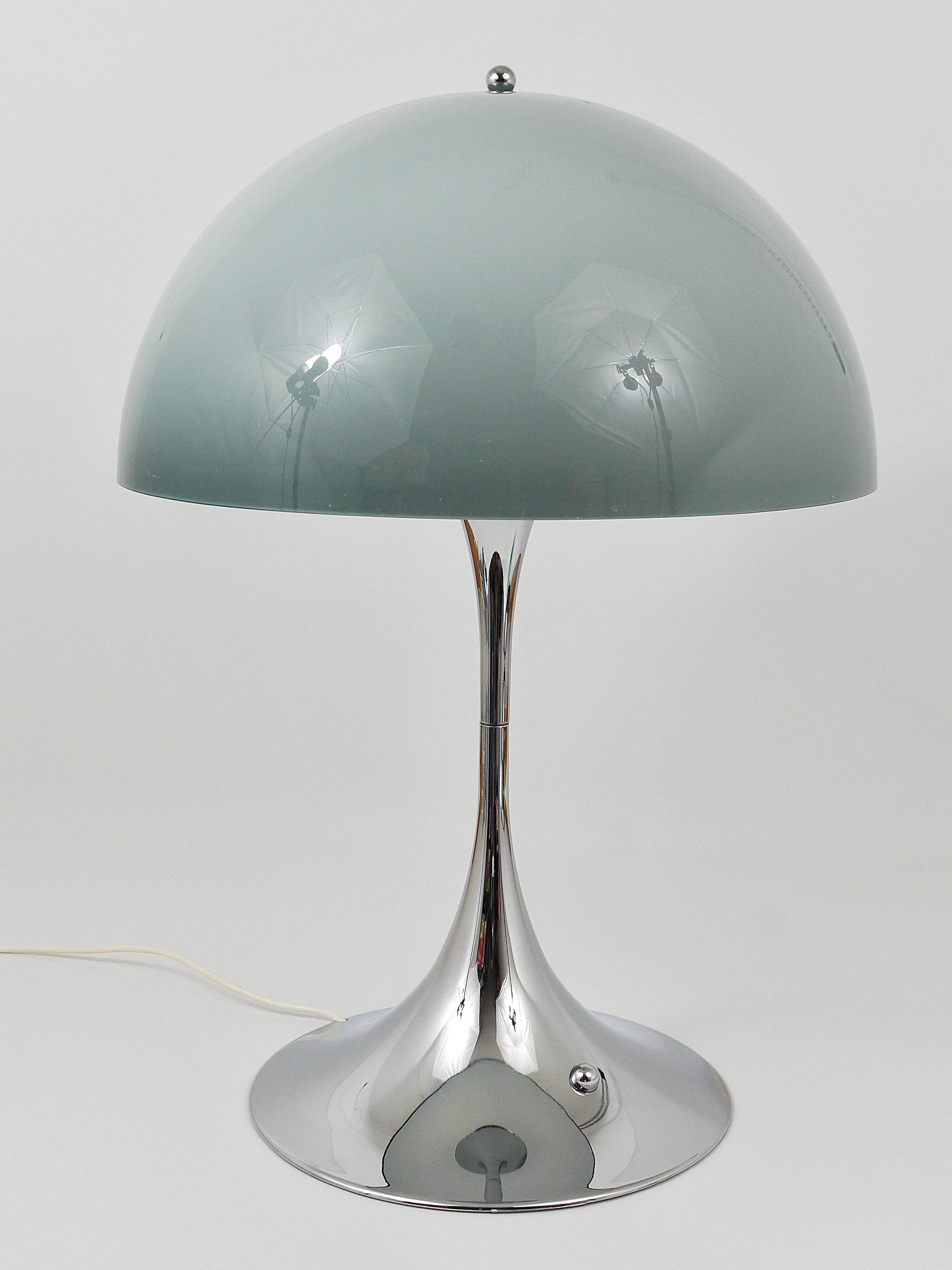 Rare Panthella table lamp by Verner Panton with a chrome base and grey shade.
