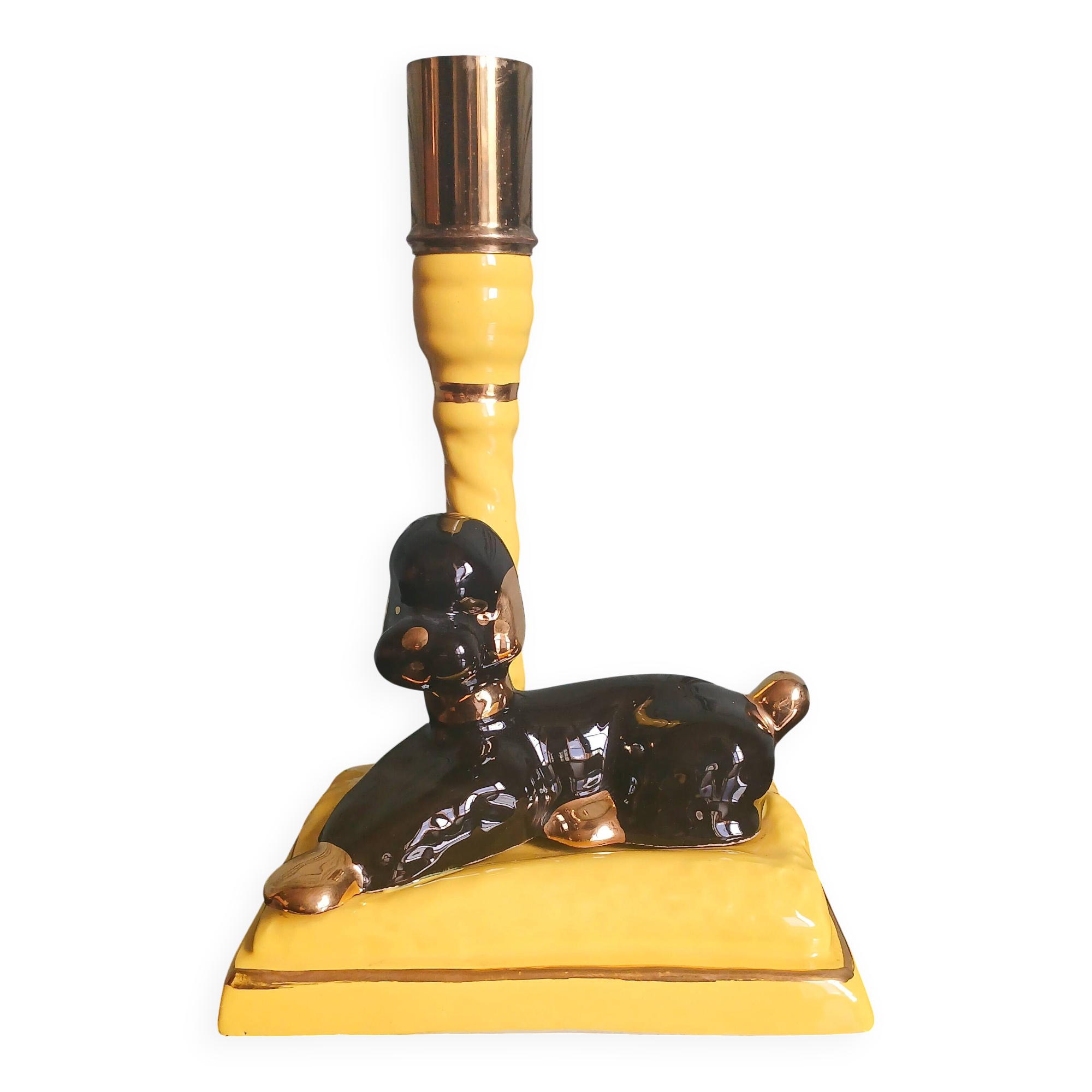 Zoomorphic lamp "poodle" in black, yellow, and gold glazed ceramic.