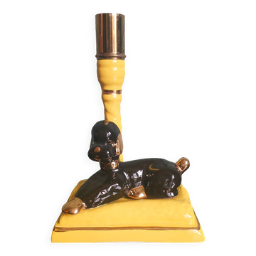 Lampe zoomorphe "poodle" en céramique vernissée noire, jaune & or.