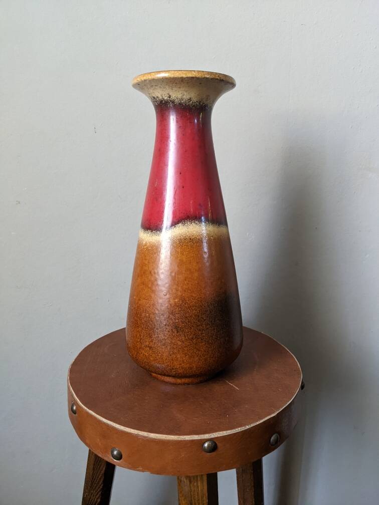 West German ceramic vase, country decoration, brown & red