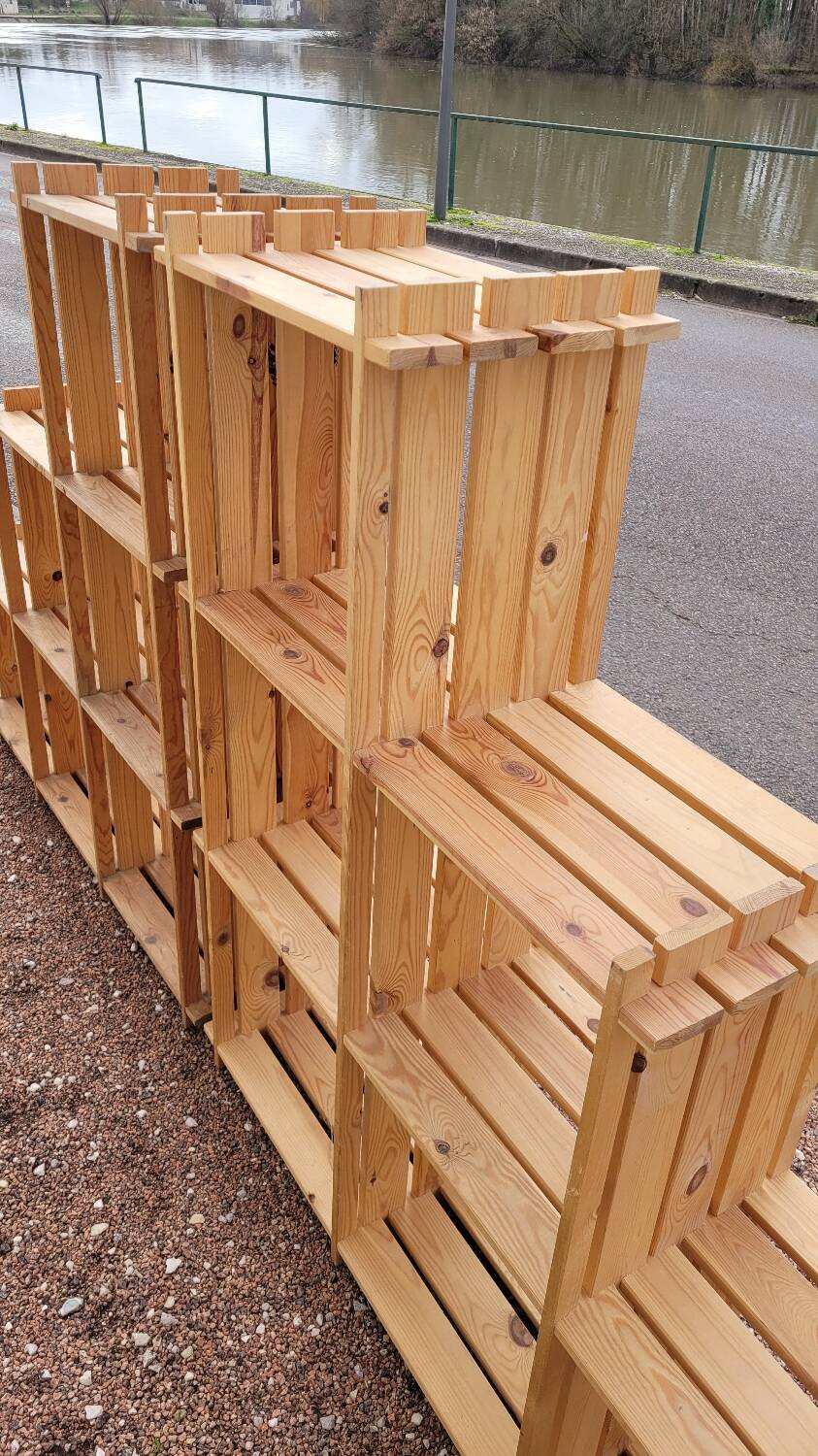 Pair of vintage pine "staircase" bookcase shelves - 1970s