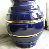 Grand vase vintage en céramique bleu et or