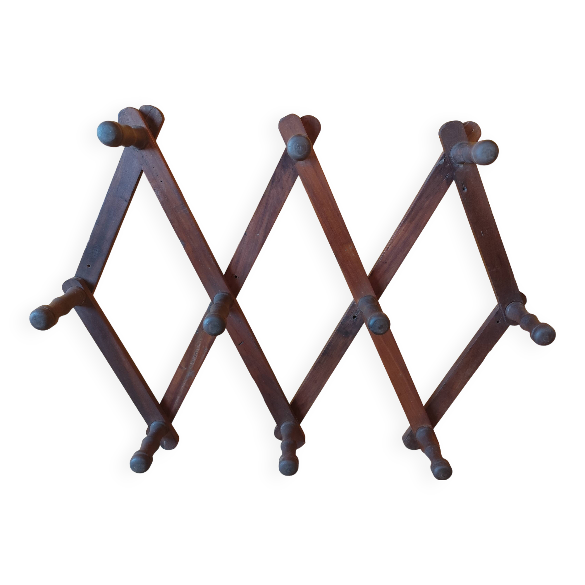 Old telescopic wooden wall coat rack - 10 accordion hook coat rack