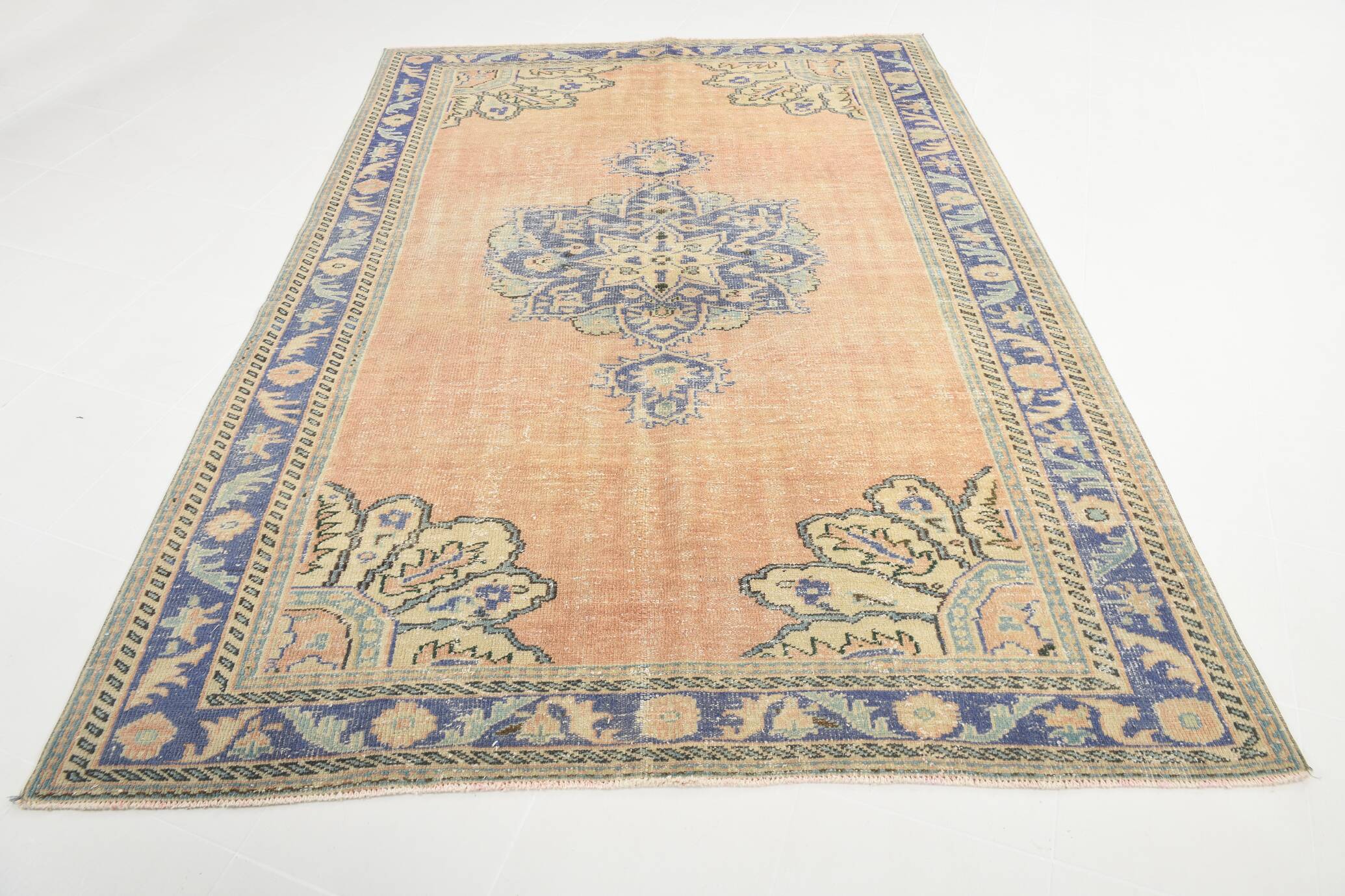 Samon & Blue Luxury Vintage Rug, Large Area Vintage Persian Rug, 218x302 Cm