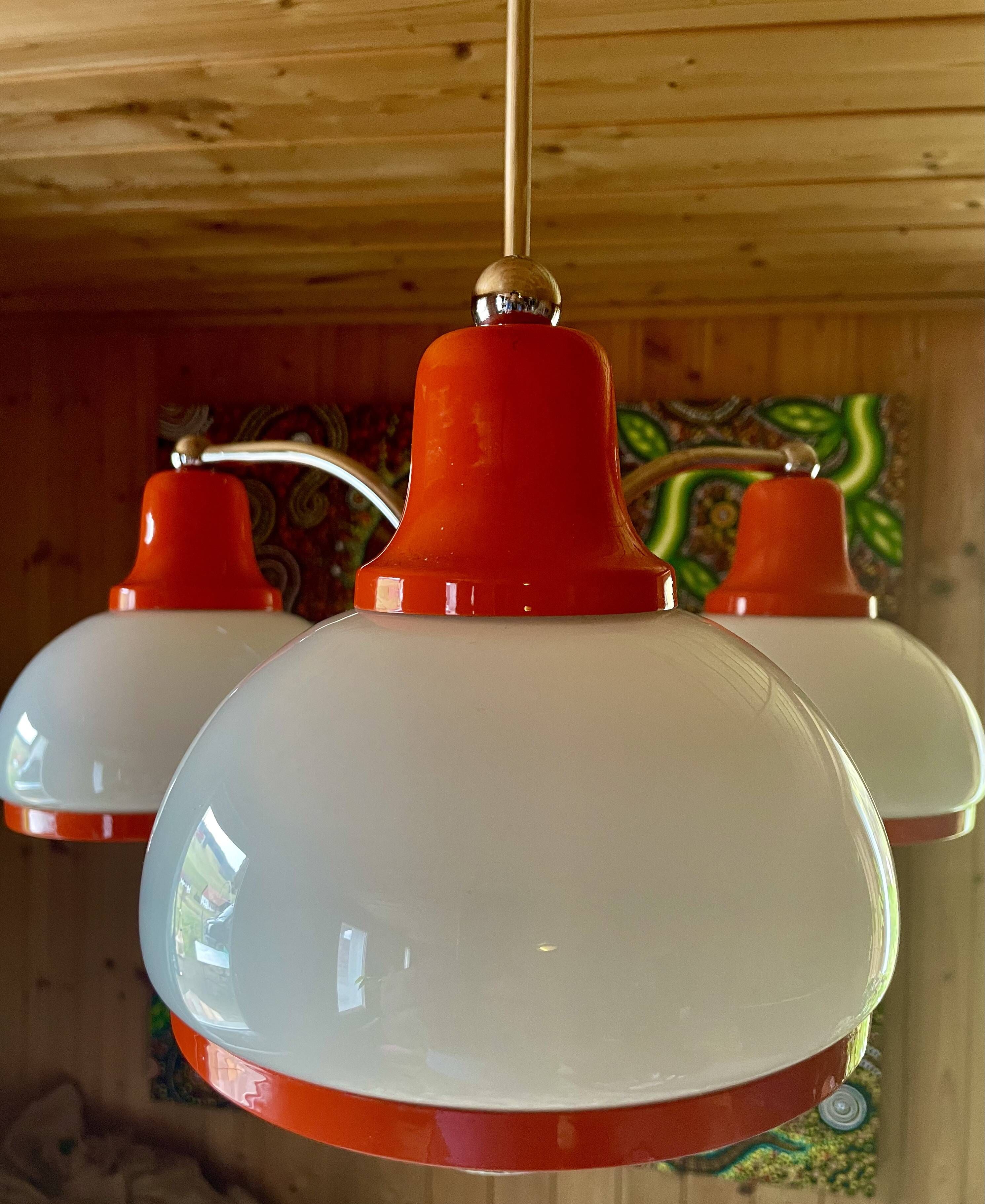 Chandelier, Pendant light, Ceiling light, 3 white and orange lampshades, 70s