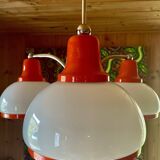 Lustre, Suspension, Plafonnier, 3 abat-jours blanc et orange, année 70