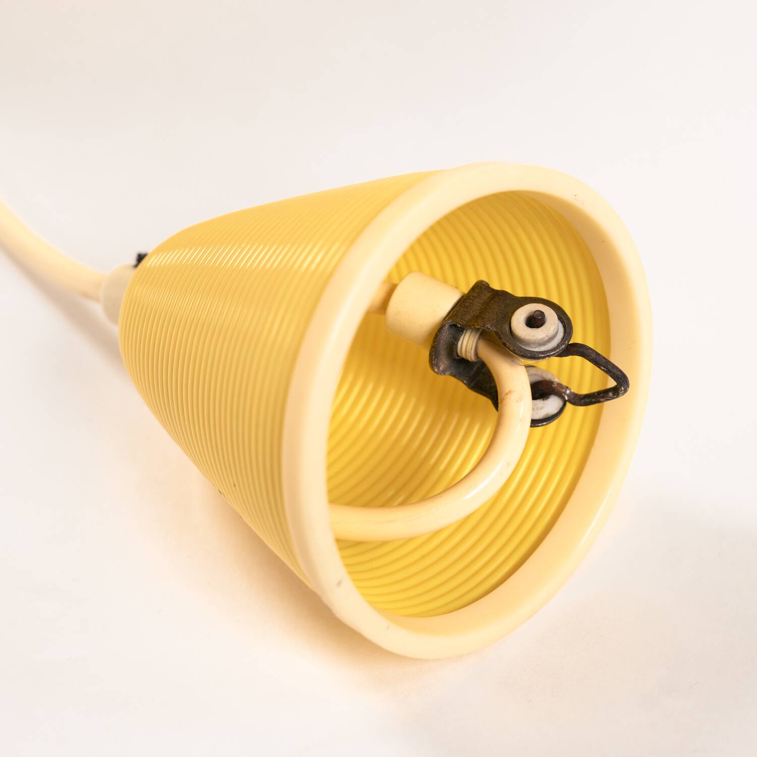 Yellow Rotaflex cellulose pending lamp by A.R.P, France 1970s
