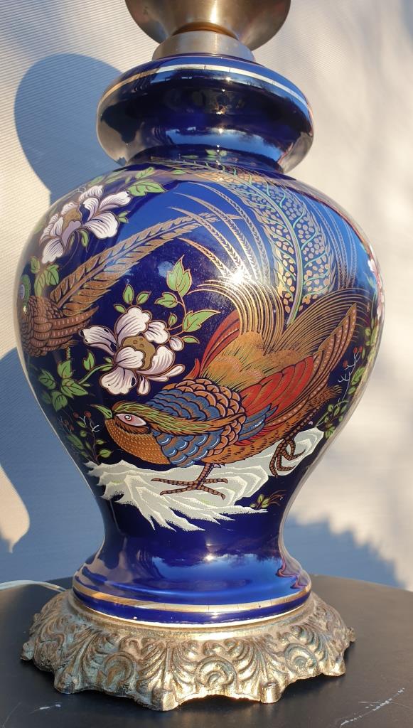 Ceramic lamp birds lyres on midnight blue background Napoleon III