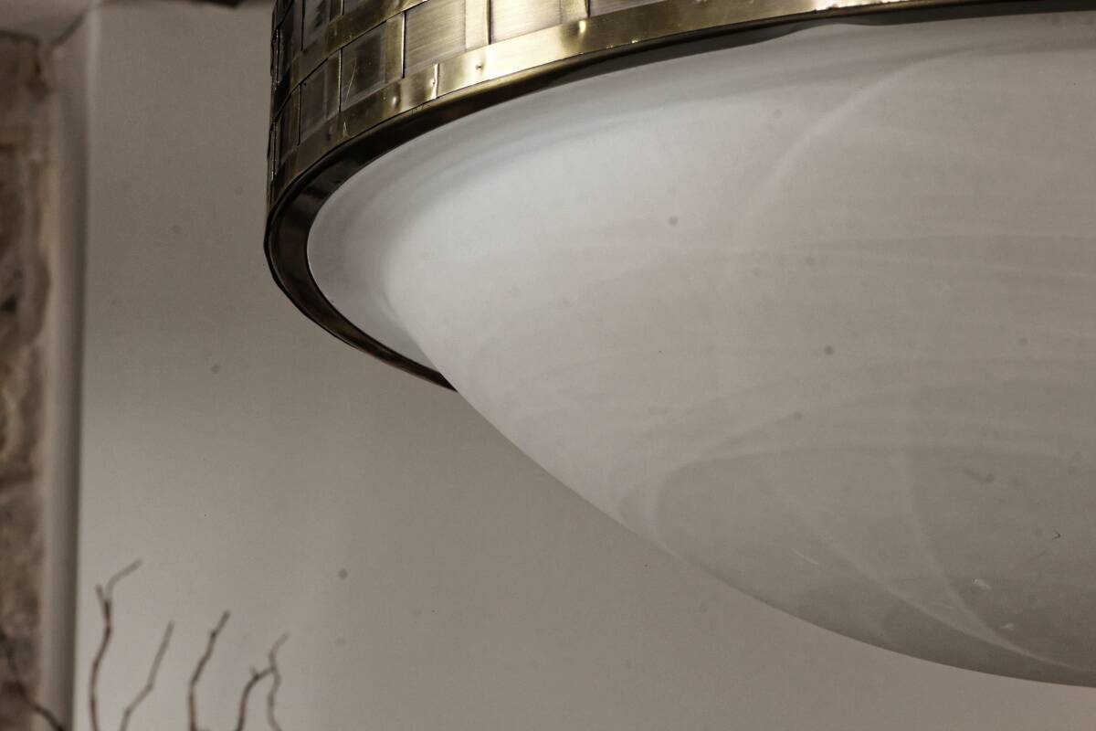 Large suspension art deco style, glass, aged brass finish.