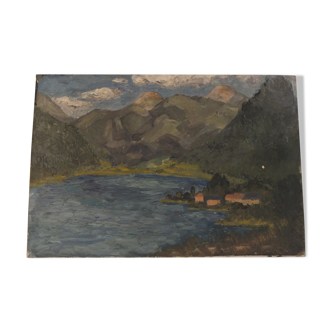 Oil on cardboard - Paysage de Montagne Duingt 1937 Lac d'Annecy