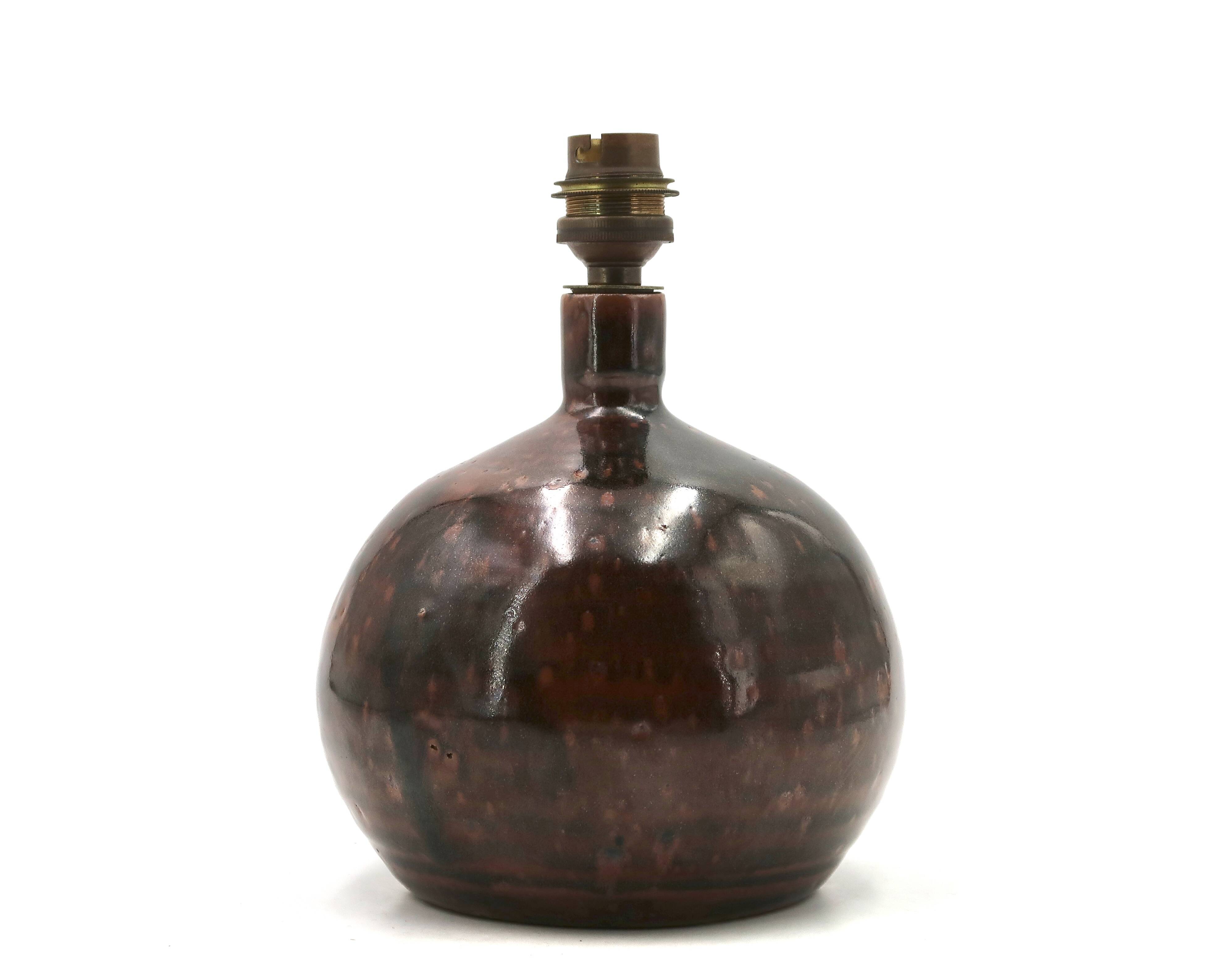 Dark brown stoneware ball lamp by Guy Baudat, 1970s