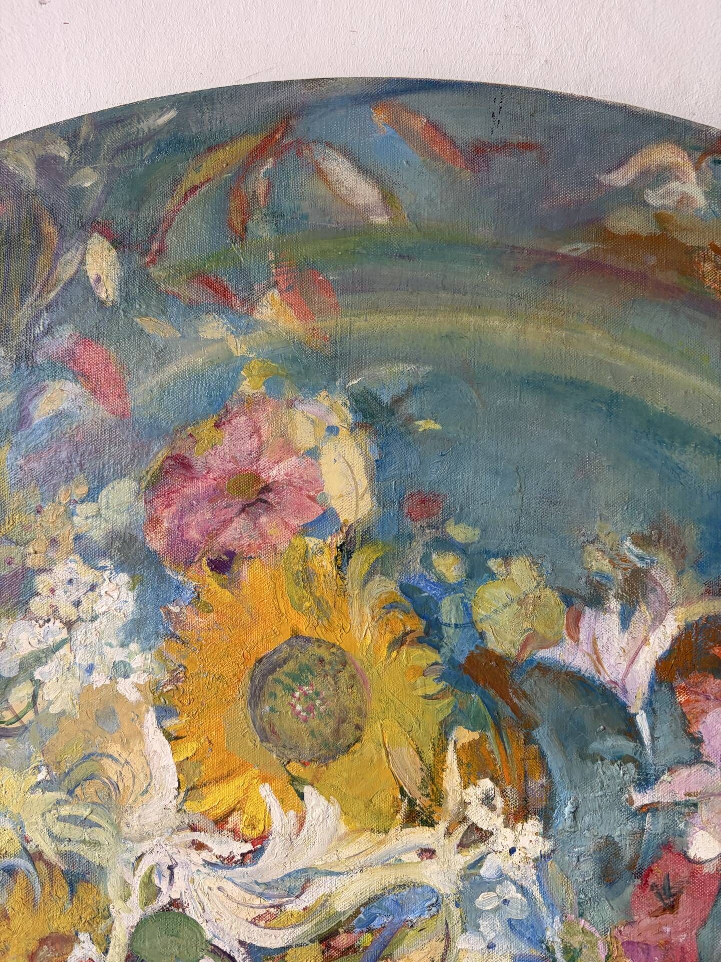 Huile sur toile ovale « Fleurs »