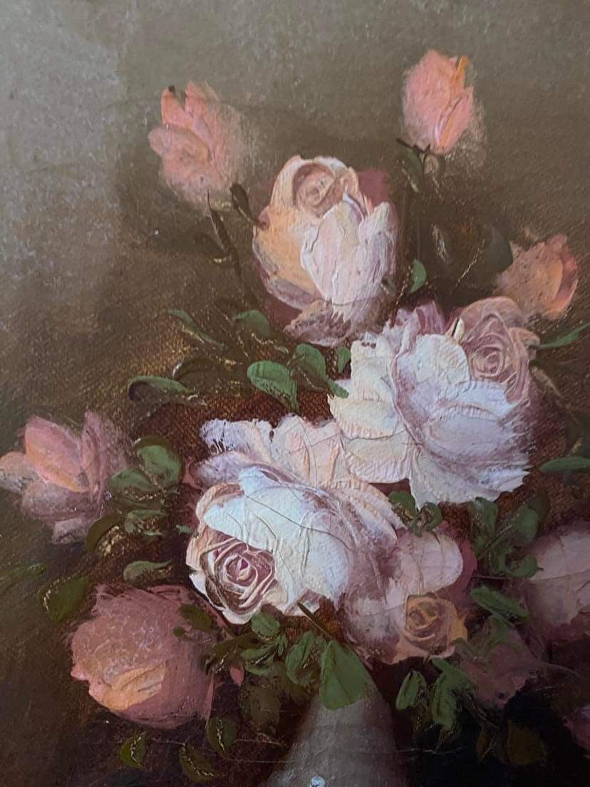 Painting on canvas pinks in a vase.