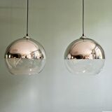 Pair of large Space Age pendant lights in clear glass and chrome, 1970s