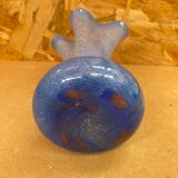 Ancien Vase Verre Soufflé Bleu Moucheté Blanc Col Corolle Vintage