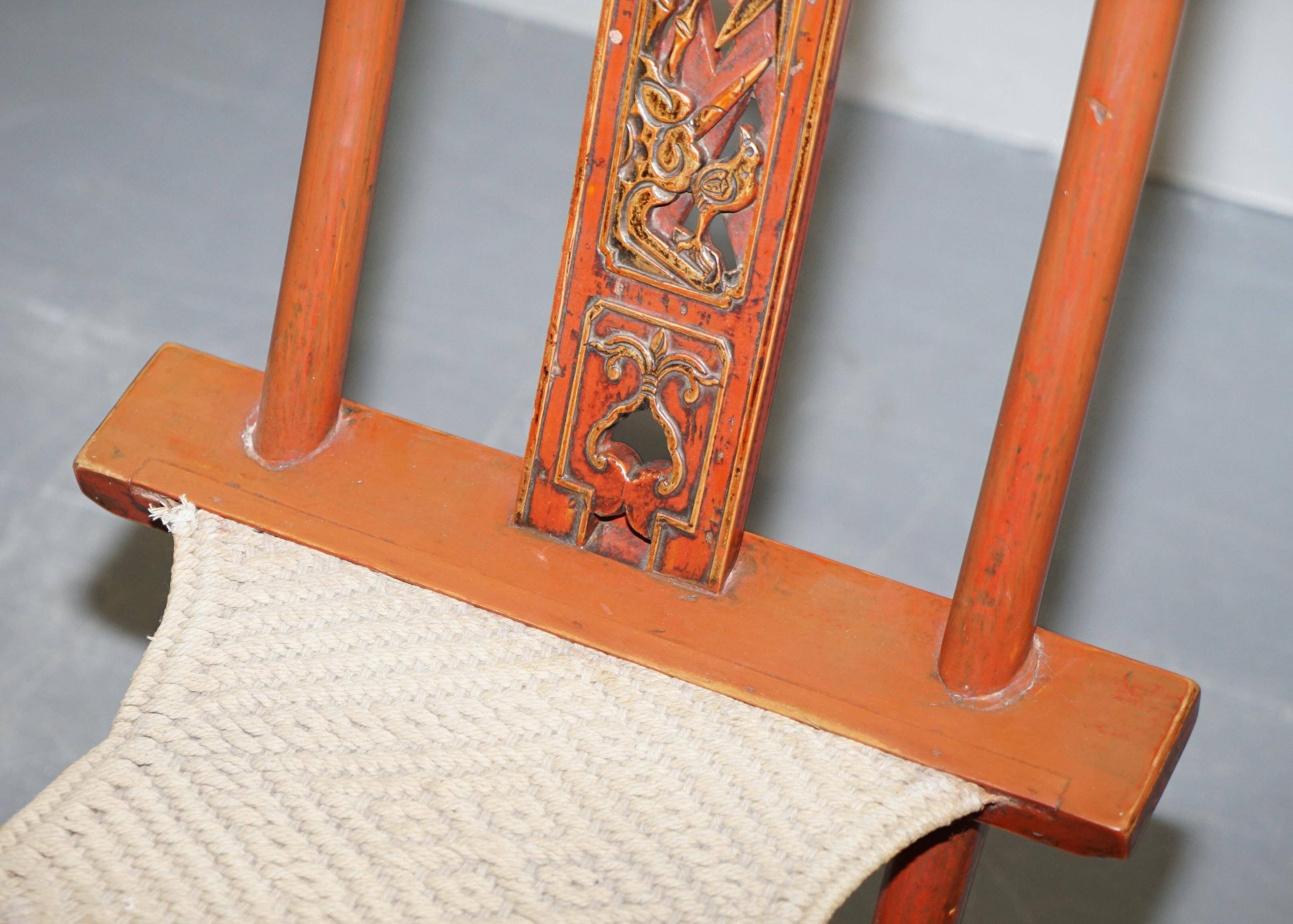 Chaise pliante chinoise antique avec sculptures, vers 1900-1920