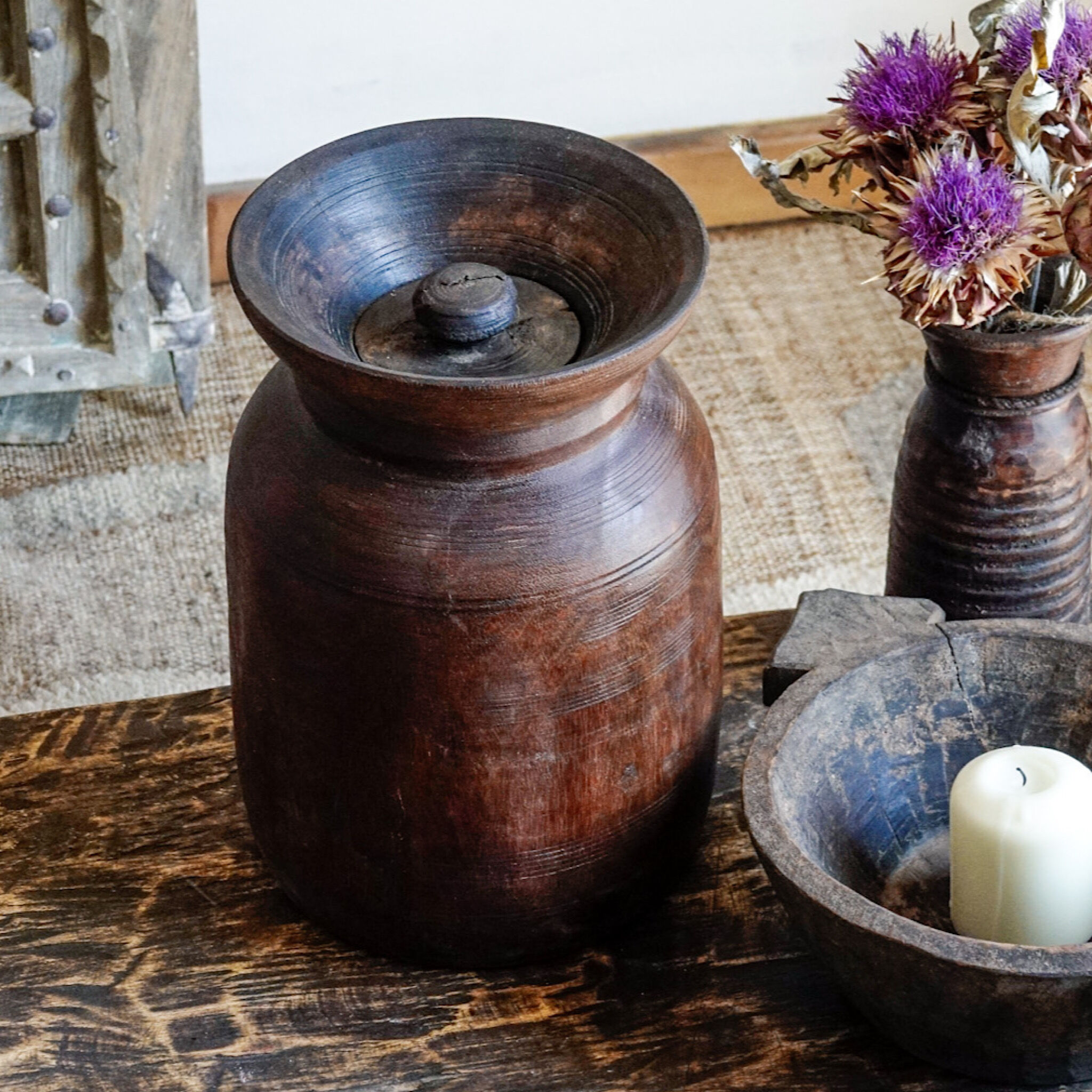 Large wooden Himachal pot n°2 (with lid)