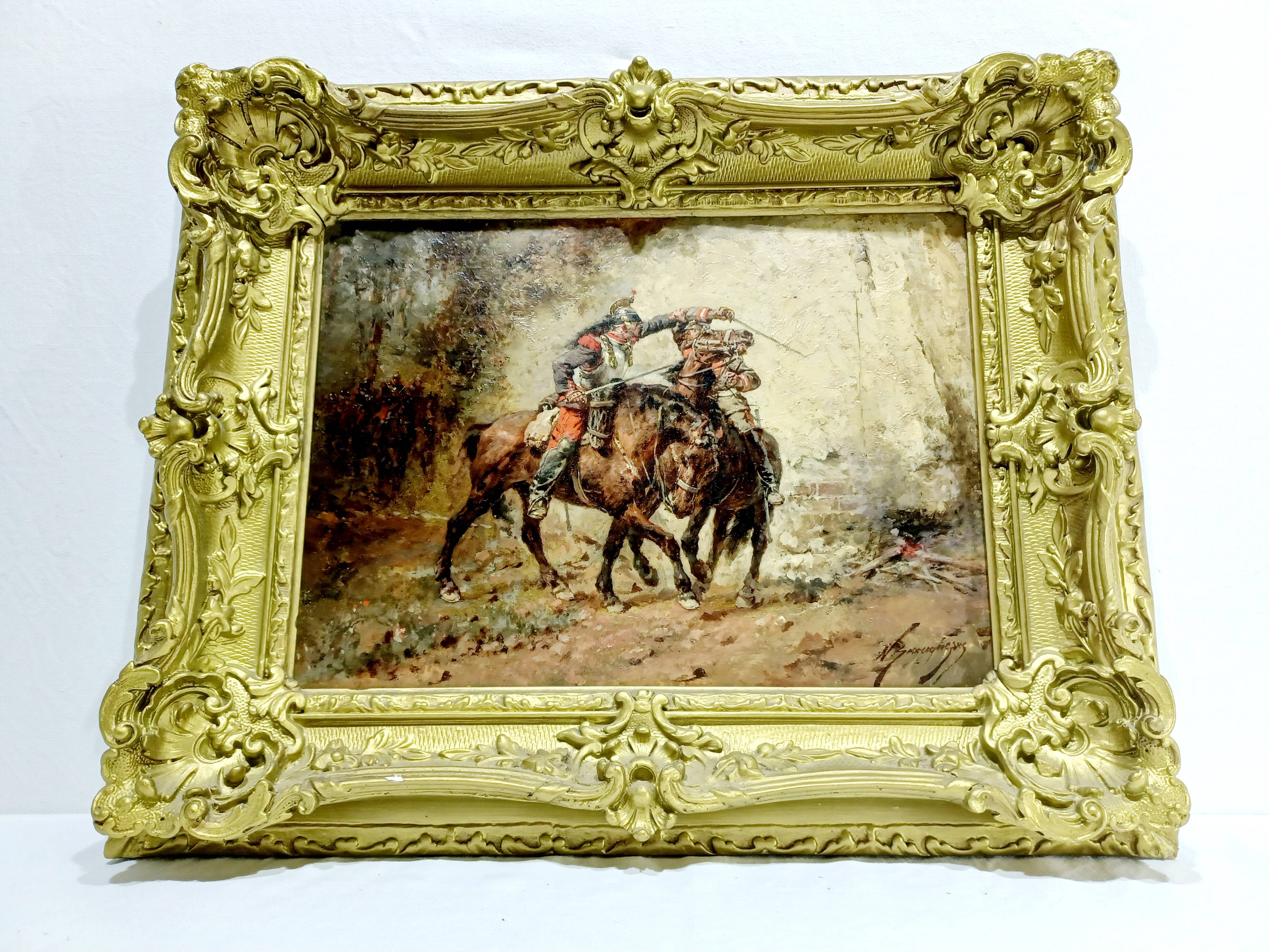 Wilfrid Constant Beauquesne -  Huile Sur Toile « Combat de cavaliers »