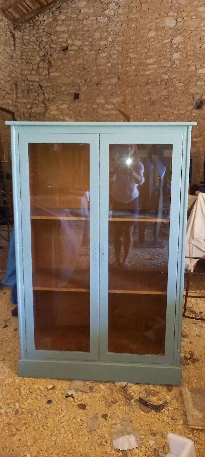 Green patina wooden display cabinet
