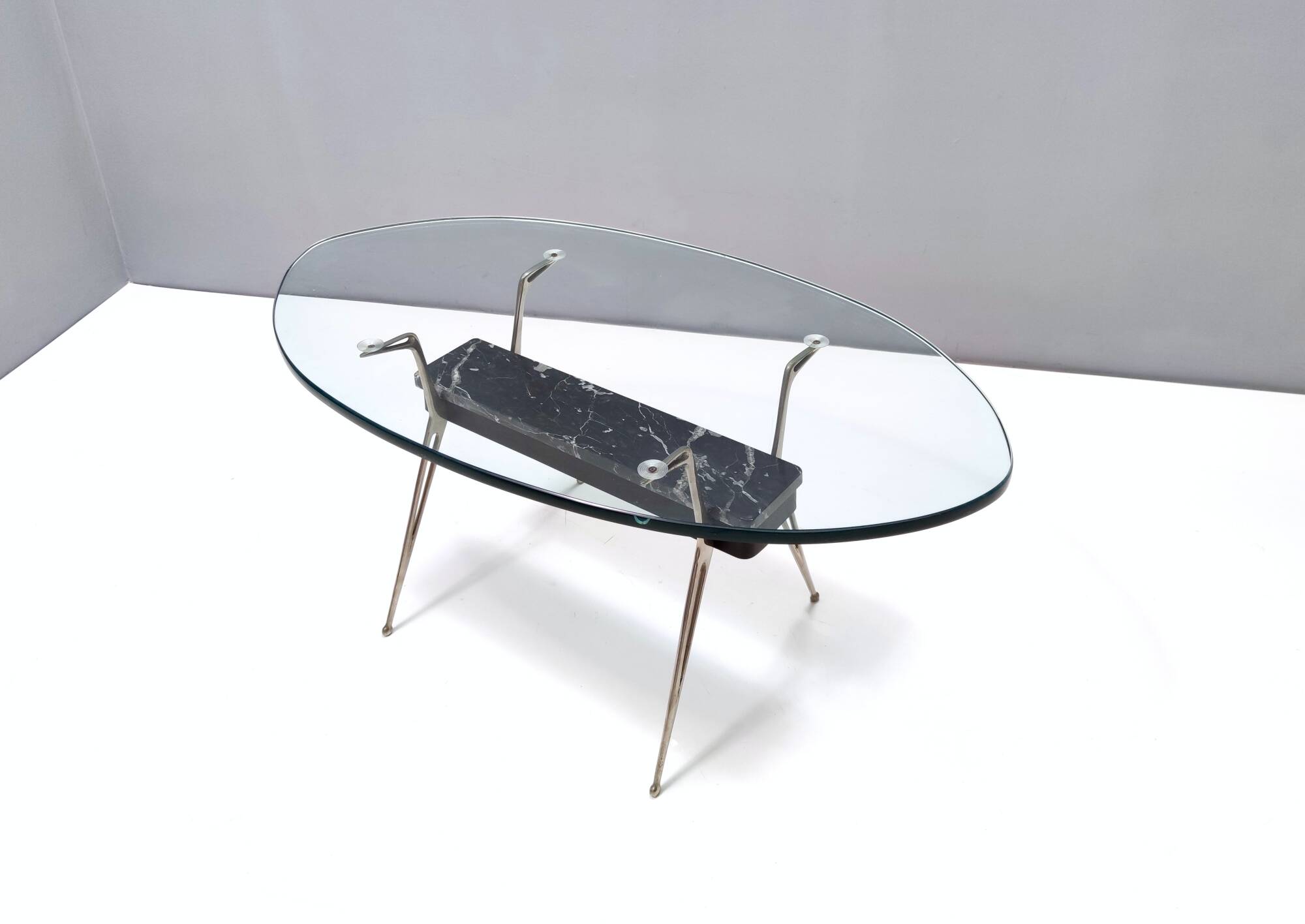 Vintage Oval Glass Coffee Table with Portoro Marble and Iron Base, Italy