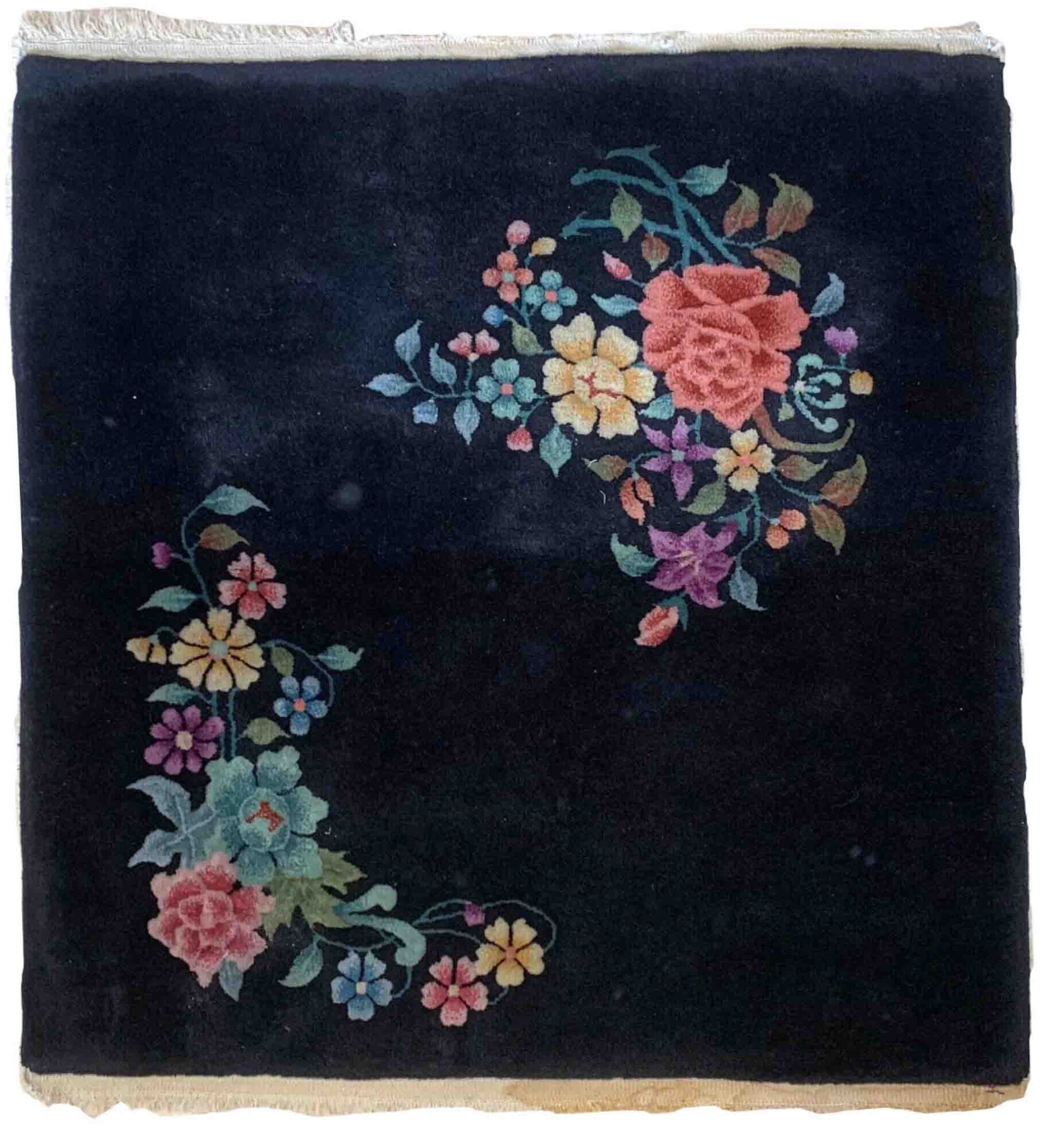 Antique Chinese carpet Art Deco handmade 94cm x 94cm 1920s