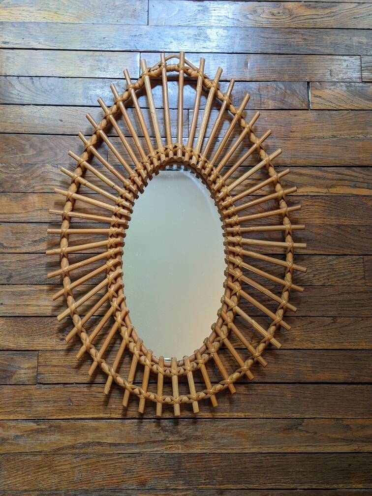 Asymmetrical vintage rattan wicker bamboo sun mirror Scandinavian craftsmanship