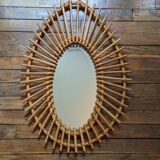 Asymmetrical vintage rattan wicker bamboo sun mirror Scandinavian craftsmanship