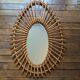 Asymmetrical vintage rattan wicker bamboo sun mirror Scandinavian craftsmanship