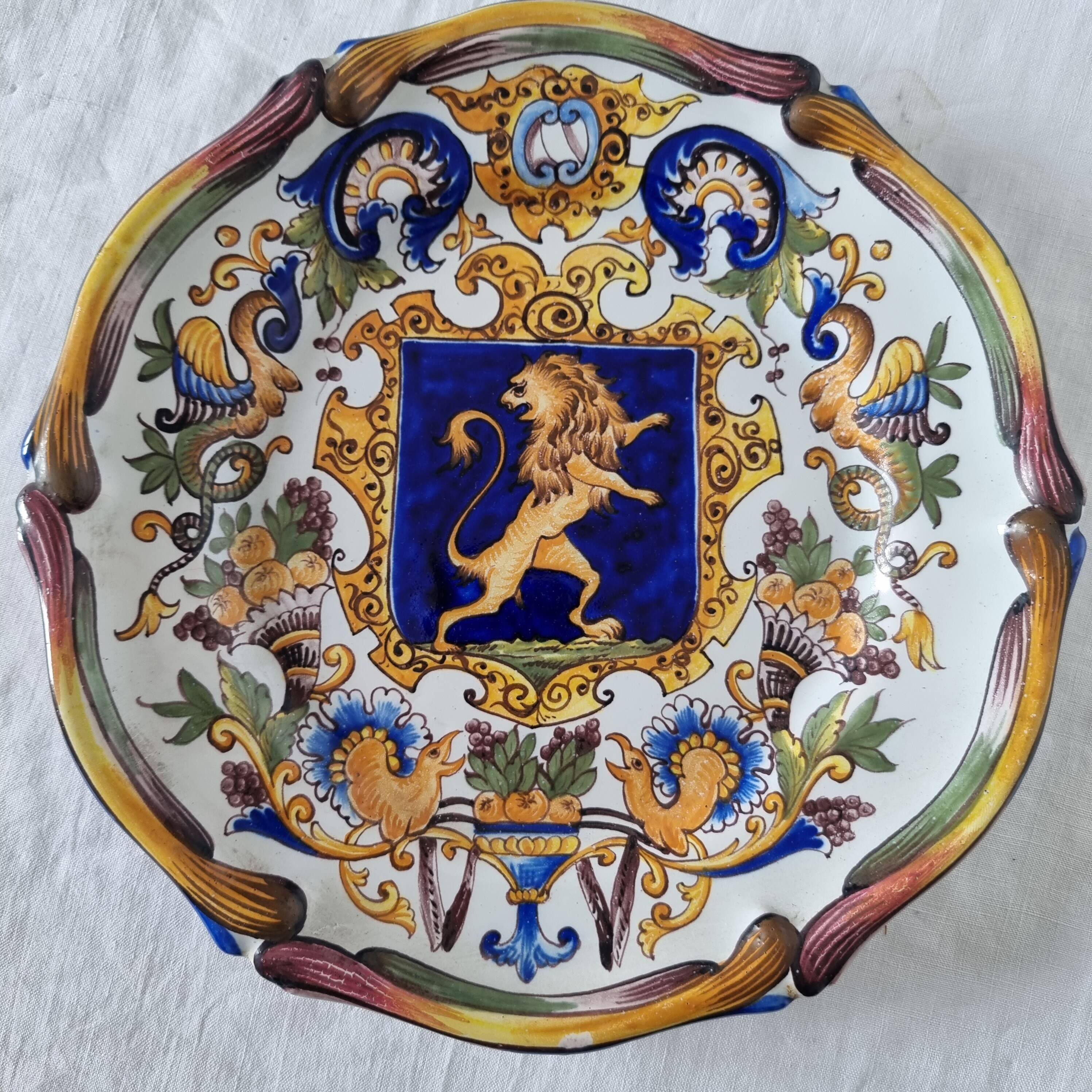 Magnificent antique French earthenware plate with shields signed Keller
